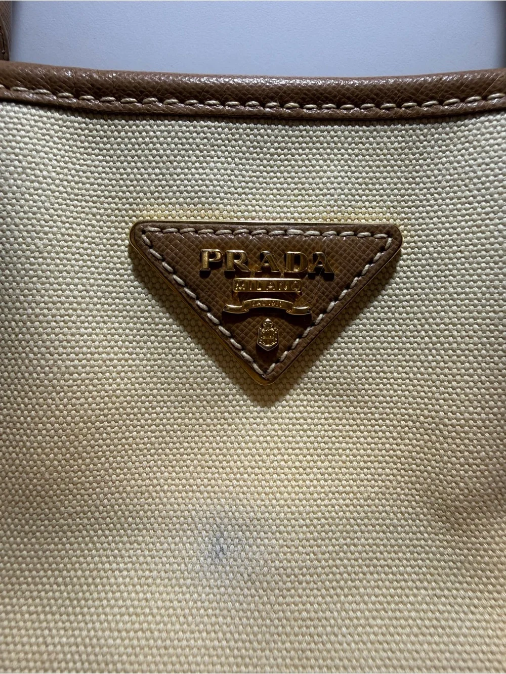 Prada Beige Canvas with Brown Saffiano Trim Tote